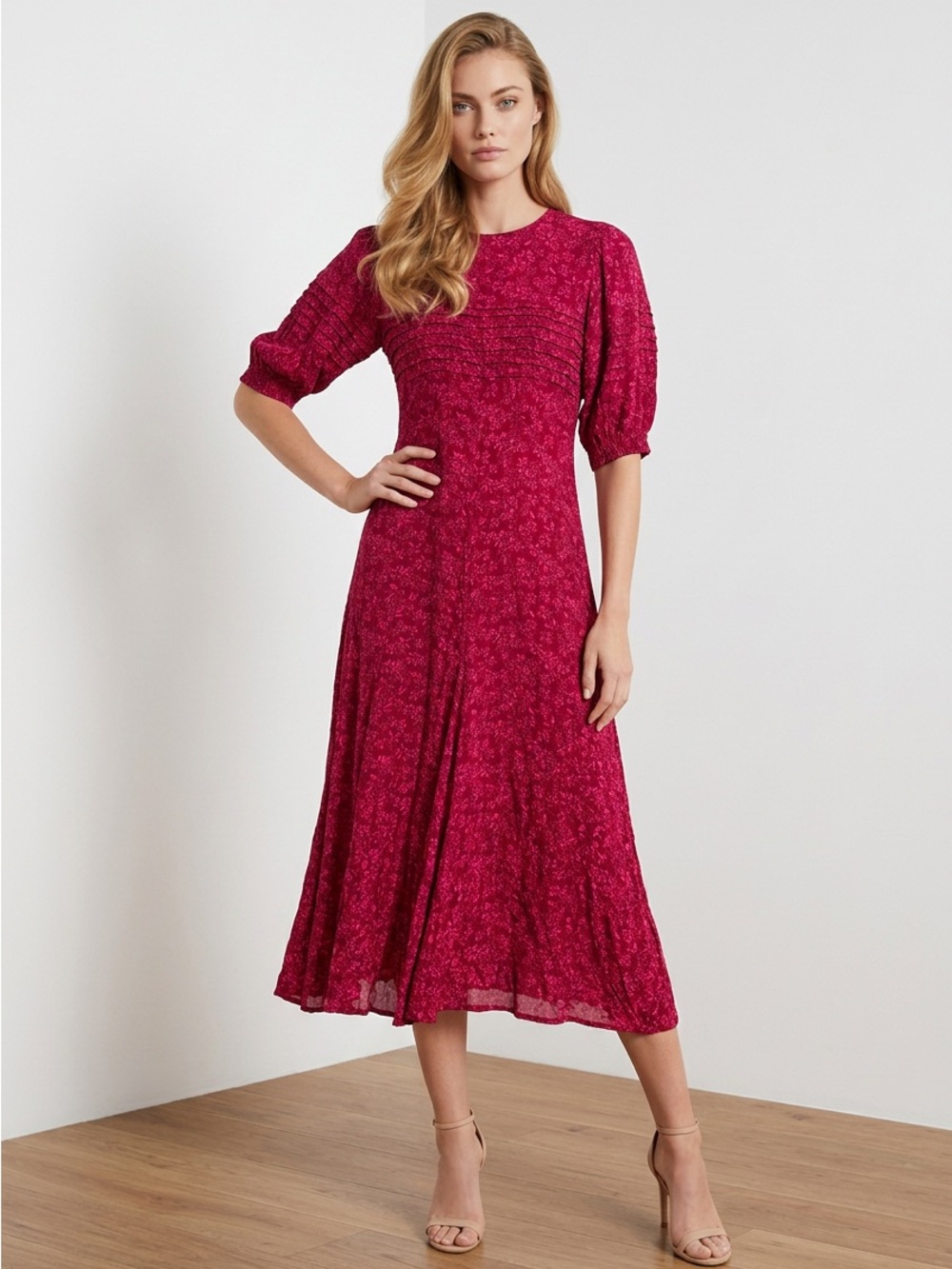Free People Magenta Floral Midi Dress with Puff Sleeves